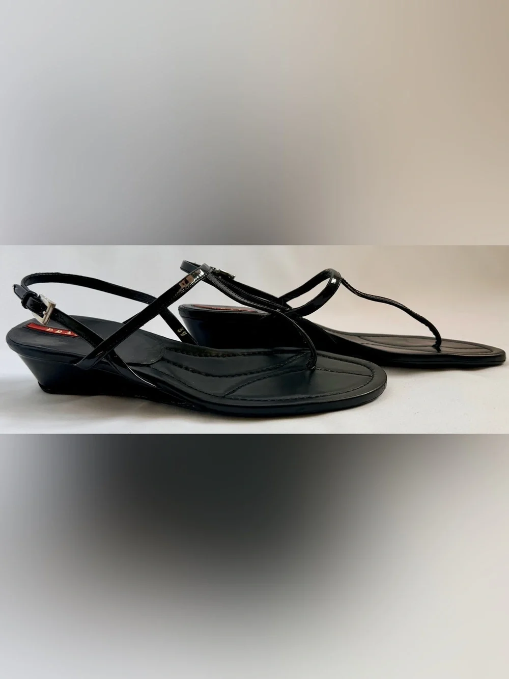 Prada Linea Rossa Vintage Y2K Black Patent Leather T-Strap Wedge Sandals 39 US 8